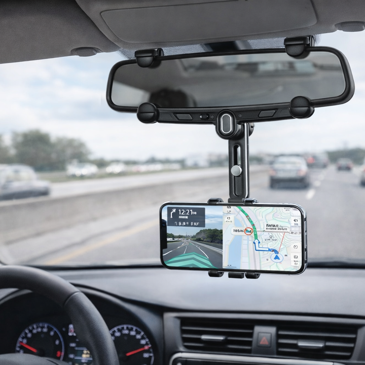 Cell phone holder with 360° rearview mirror.